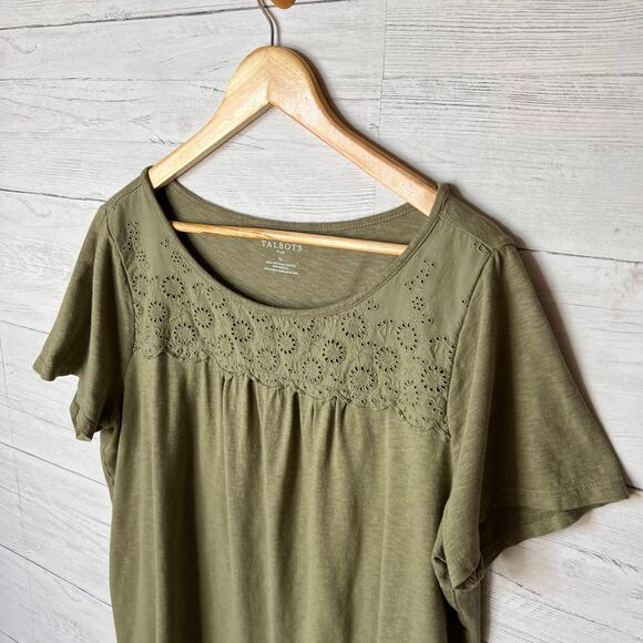 Talbots Top Womens Size 1X Sage Green Eyelet Trim Tee Floral Plus Size Cotton - Picture 7 of 15